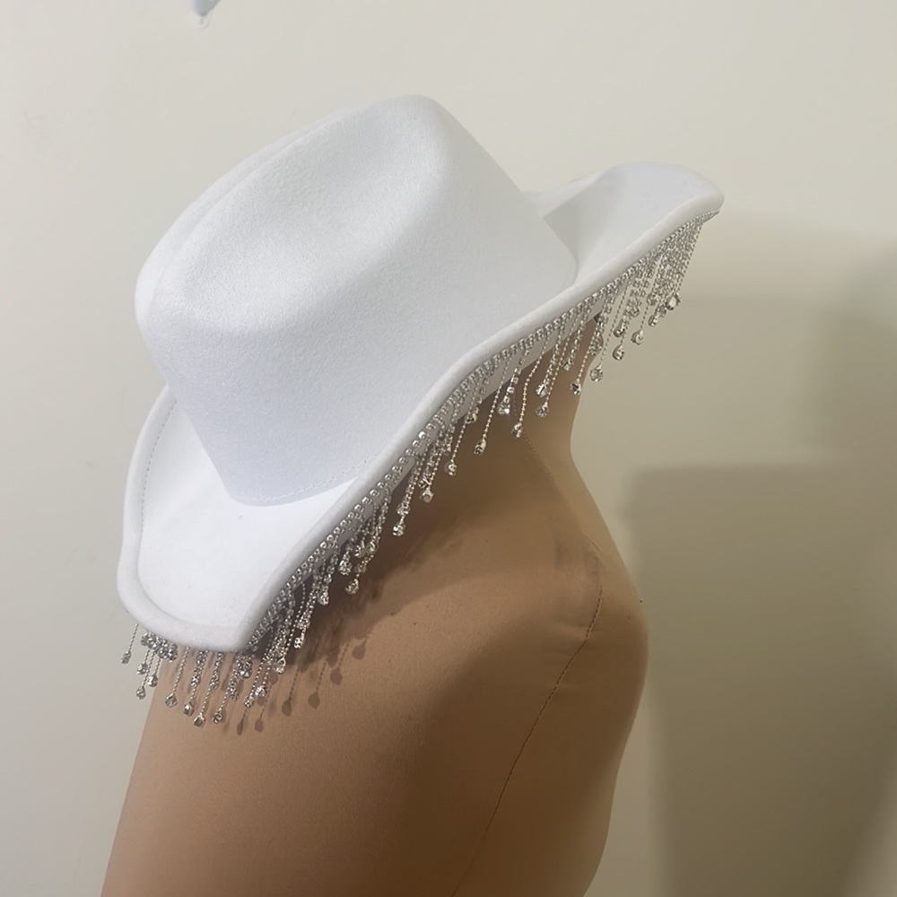 White Cowgirl Hat with Faux Crystal Fringe
